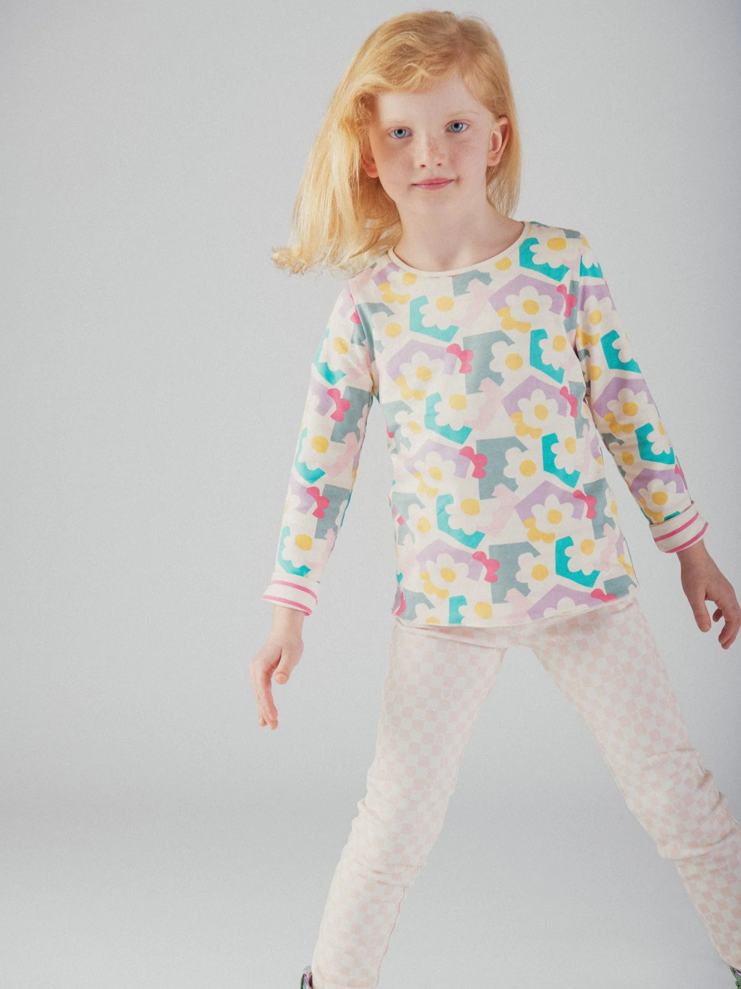 Pantalon doublé chaud à damier rose et écru pour fille - Image 3